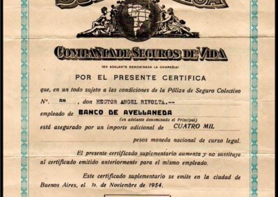 Certificado de Cobertura. Póliza de Seguro Colectivo Nº 58. 01 de Noviembre de 1954. Sud América Compañía de Seguros de Vida S. A.