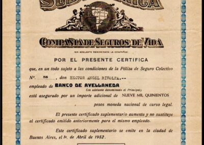 Certificado de Cobertura. Póliza de Seguro Colectivo Nº 58. 01 de Abril de 1952. Sud América Compañía de Seguros de Vida S. A.