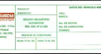 Talonario para confección de Credencial Seguro Obligatorio Automotor. Vanguardia Compañía Argentina de Seguros S. A.