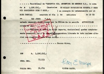Recibo de Indemnización por Robo Parcial. 21 de Septiembre de 1989. Garantía Compañía Argentina de Seguros S. A.