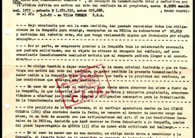 Recibo de Indemnización por Robo Total de Vehículo. 19 de Octubre de 1989. Garantía Compañía Argentina de Seguros S. A.