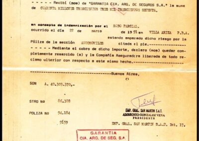 Recibo de Indemnización por Robo Parcial. 18 de Abril de 1991. Garantía Compañía Argentina de Seguros S. A.