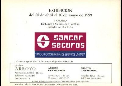 Publicidad en Catálogo de Exposición «López Winschel» del 20 de Abril al 10 de Mayo de 1999. Galería Arroyo. Sancor Cooperativa de Seguros Limitada. 