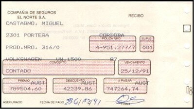 Recibo de Cobranza. 26 de Diciembre de 1991. Compañía de Seguros El Norte S. A.