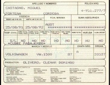 Tarjeta de Circulación Automotor. Año 1991. Compañía de Seguros El Norte S. A.