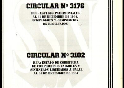 Circulares Nº 3176 y Nº 3182 – Ref.: Estados Patrimoniales y Estado de Cobertura de Compromisos Exigibles y Siniestros Liquidados a Pagar al 31 de Diciembre de 1994. Superintendencia de Seguros de la Nación.