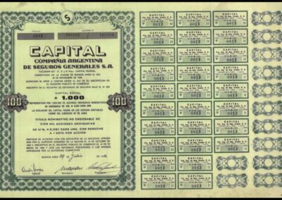 Título Nominativo No Endosable de Cien Mil Acciones Ordinarias de Australes 0,001 Cada Una. 29 de Julio de 1986. Capital Compañía Argentina de Seguros Generales S. A.