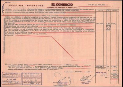 Póliza Sección Incendio. 11 de Octubre de 1961. El Comercio Compañía de Seguros a Prima Fija S. A.