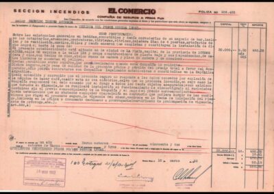 Póliza Sección Incendio. 18 de Marzo de 1952. El Comercio Compañía de Seguros a Prima Fija S. A.