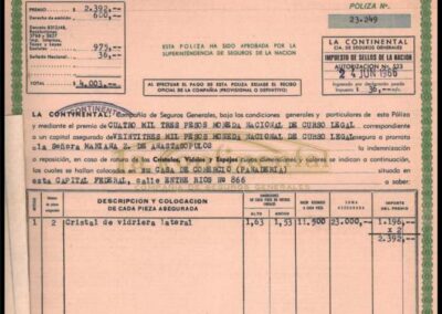 Póliza de Cristales, Vidrios y Espejos. 15 de Junio de 1966. La Continental Compañía de Seguros Generales S. A.