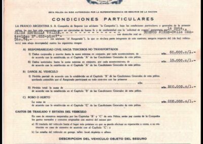 Póliza de Seguro de Vehículos Automotores y/o Remolcados. 22 de Enero de 1958. La Franco Argentina Compañía de Seguros S. A.
