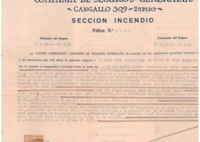 Póliza Sección Incendio. 14 de Enero de 1930. Latino-Americana Compañía de Seguros Generales.