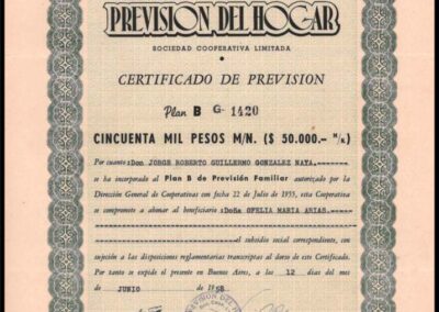 Certificado de Previsión. 12 de Junio de 1958. Previsión del Hogar Sociedad Cooperativa Limitada.
