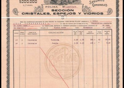 Póliza Sección Cristales, Espejos y Vidrios. 11 de Diciembre de 1919.  The River Plate Compañía Nacional de Seguros Generales