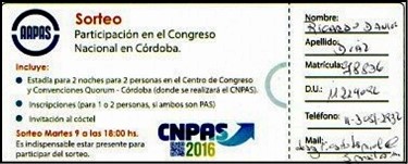 Cupones para Sorteo Final. Congreso Nacional de Productores Asesores de Seguros. 2016. AAPAS – Asociación Argentina de Productores Asesores de Seguros.