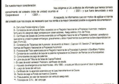 Formulario Comunicación a Asegurado por Siniestro Automotor. Robo de Unidad. Segurcoop Cooperativa de Seguros Limitada.