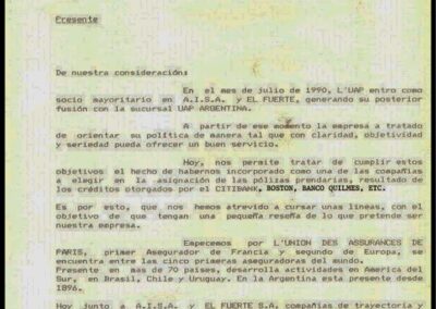 Carta a Clientes. 1991. Aseguradores Industriales S. A. Compañía Argentina de Seguros. UAP Assurances.