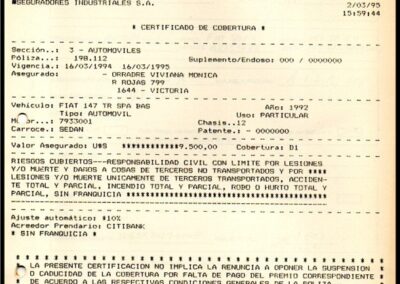 Certificado de Cobertura. Sección Automóviles. 02 de Marzo de 1995. AISA – Aseguradores Industriales S. A. Compañía Argentina de Seguros. UAP Assurances.