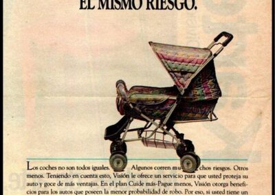 Publicidad de Compañía Argentina de Seguros Visión S. A. No Todos los Coches Corren el Mismo Riesgo. Revista Noticias 29 de Septiembre de 1991.