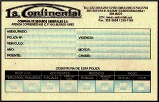 Tarjeta de Circulación para Seguro Automotor. La Continental Compañía de Seguros Generales S. A.