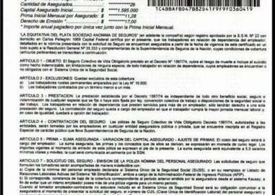 Póliza Seguro Colectivo de Vida Obligatorio Decreto 1567/74. 01 de Octubre de 2018. La Equitativa del Plata Sociedad Anónima de Seguros.
