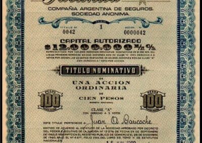 Título Nominativo de Una Acción Ordinarias de Cien Pesos. 10 de Noviembre de 1960. Garantía Compañía Argentina de Seguros S. A.