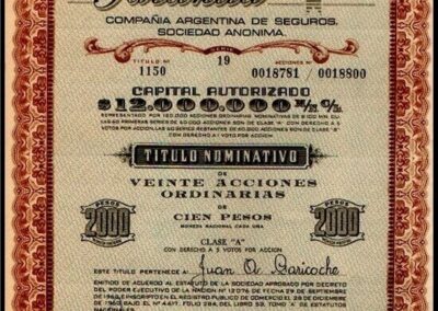 Título Nominativo de Veinte Acciones Ordinarias de Cien Pesos. 10 de Noviembre de 1960. Garantía Compañía Argentina de Seguros S. A.