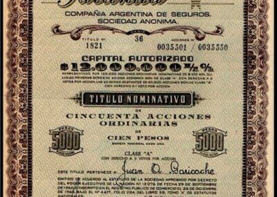 Título Nominativo de Cincuenta Acciones Ordinarias de Cien Pesos. 10 de Noviembre de 1960. Garantía Compañía Argentina de Seguros S. A.