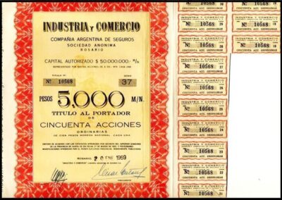 Título al Portador de Cincuenta Acciones. 20 de Enero de 1969. Industria y Comercio Compañía Argentina de Seguros S. A.