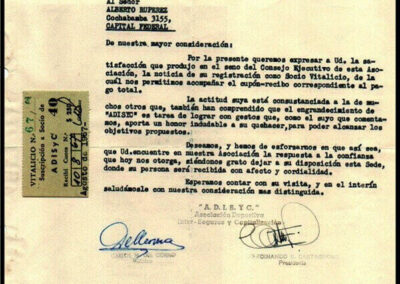 Carta a Socio Vitalicio. 16 de Agosto de 1967. ADISYC – Asociación Deportiva Inter Seguros y Capitalización.