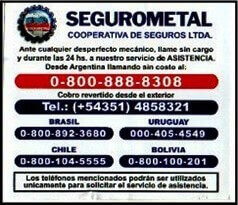 Calcomanía Servicio de Asistencia Mecánica de Segurometal Cooperativa de Seguros Limitada.