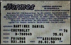 Tarjeta de Circulación Automotor. 20 de Enero de 1997. Hermes Compañía Argentina de Seguros S. A.