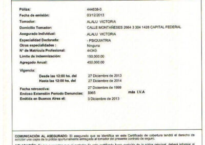 Certifica de Cobertura de Responsabilidad Civil Profesional Médica de SMG Compañía Argentina de Seguros S. A.