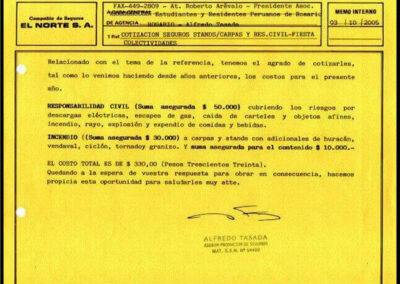 Memo Interno por Cotización.  03 de Octubre de 2005. Compañía de Seguros El Norte S. A.