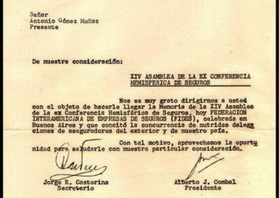 Carta al Señor Antonio Gómez Muñoz enviando la Memoria de la Conferencia Hemisférica de Seguros. XIV Asamblea. 11/15 Noviembre de 1973. AACS – Asociación Argentina de Compañías de Seguros.