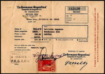 Recibo. 02 de Octubre de 1946. La Germano Argentina Compañía de Seguros S. A. En Liquidación.