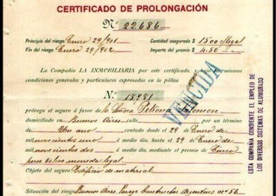Certificado de Prolongación. 29 de Enero de 1901. La Inmobiliaria Compañía Argentina de Seguros Generales. 