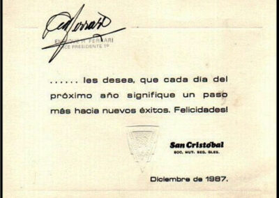 Tarjeta deseo para el Año Nuevo. Diciembre de 1987. San Cristóbal Sociedad Mutual De Seguros Generales.