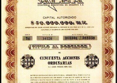 Título al portador de Cincuenta Acciones Ordinarias de Cien Pesos Moneda Nacional Cada Una. 02 de Agosto de 1962. Alba Compañía Argentina de Seguros S. A.