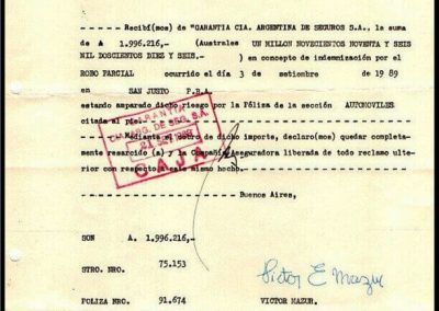 Recibo en Concepto de Indemnización por Siniestro. 21 de Septiembre de 1989. Garantía Compañía Argentina de Seguros S. A.