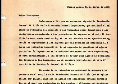 Comunicación a Productores. 21 de Marzo de 1988. La Hispano Argentina Compañia de Seguros S. A.